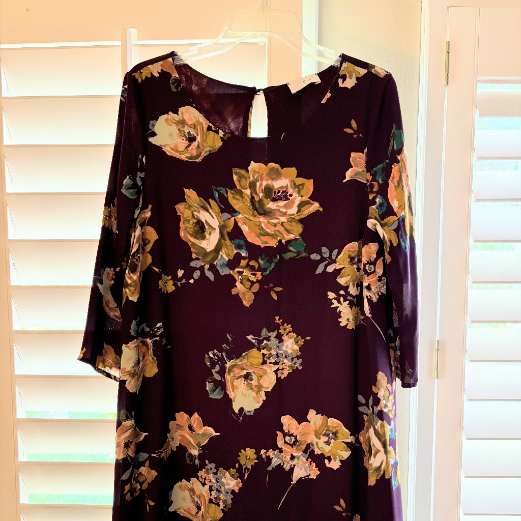 Everly Large Plum Floral Swing Dress With 3/4 Sleeves